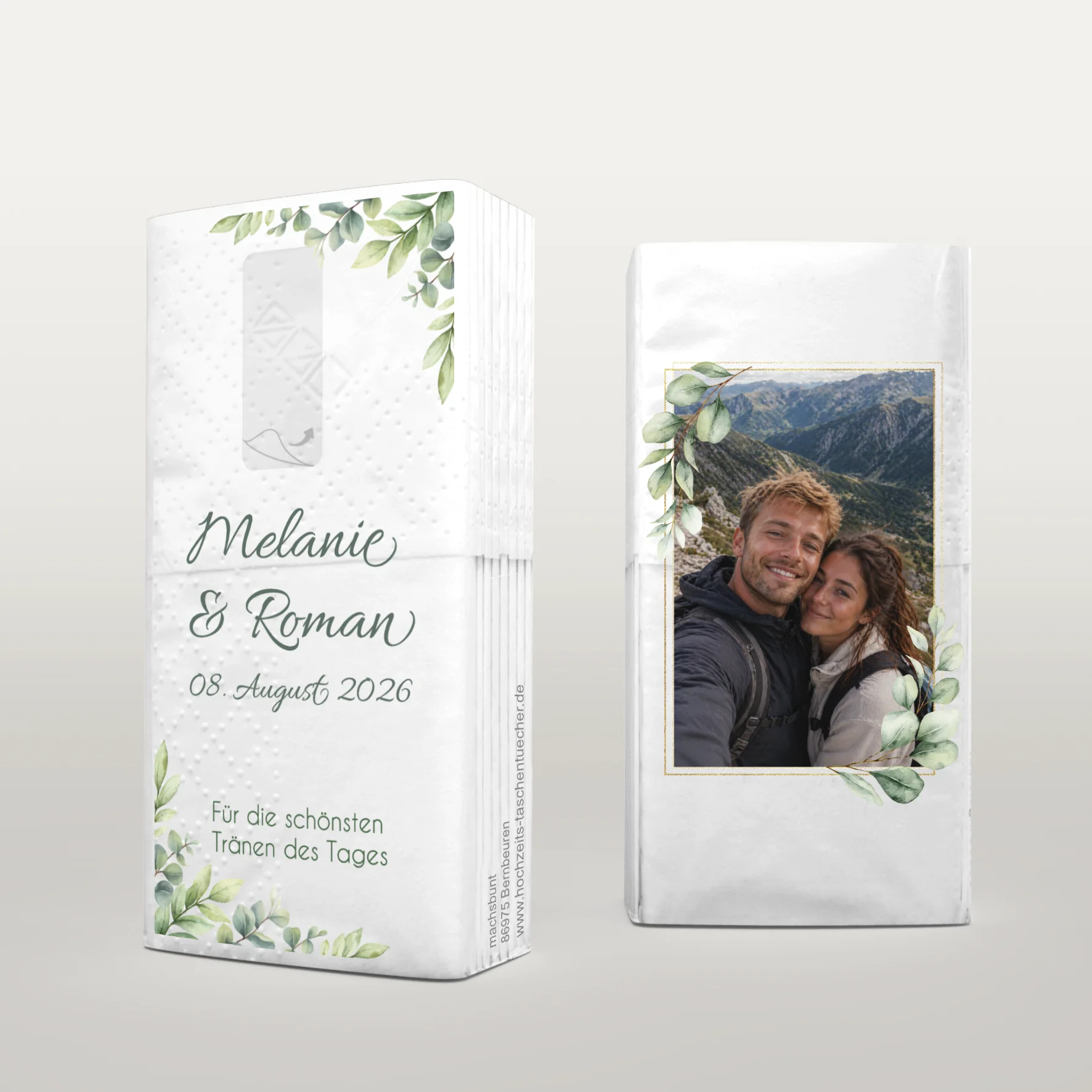 Hochzeitstaschentücher mit Eukalyptus Blättern und persönlichem Foto