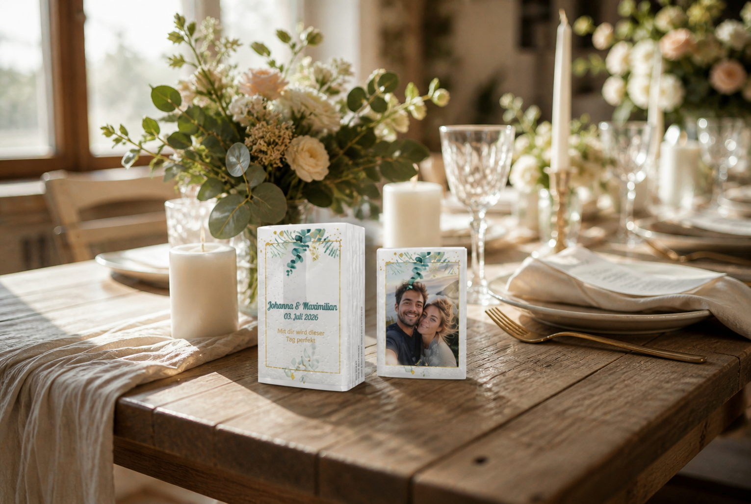 Individuell bedruckte Freudentränen Taschentücher auf Hochzeitstisch