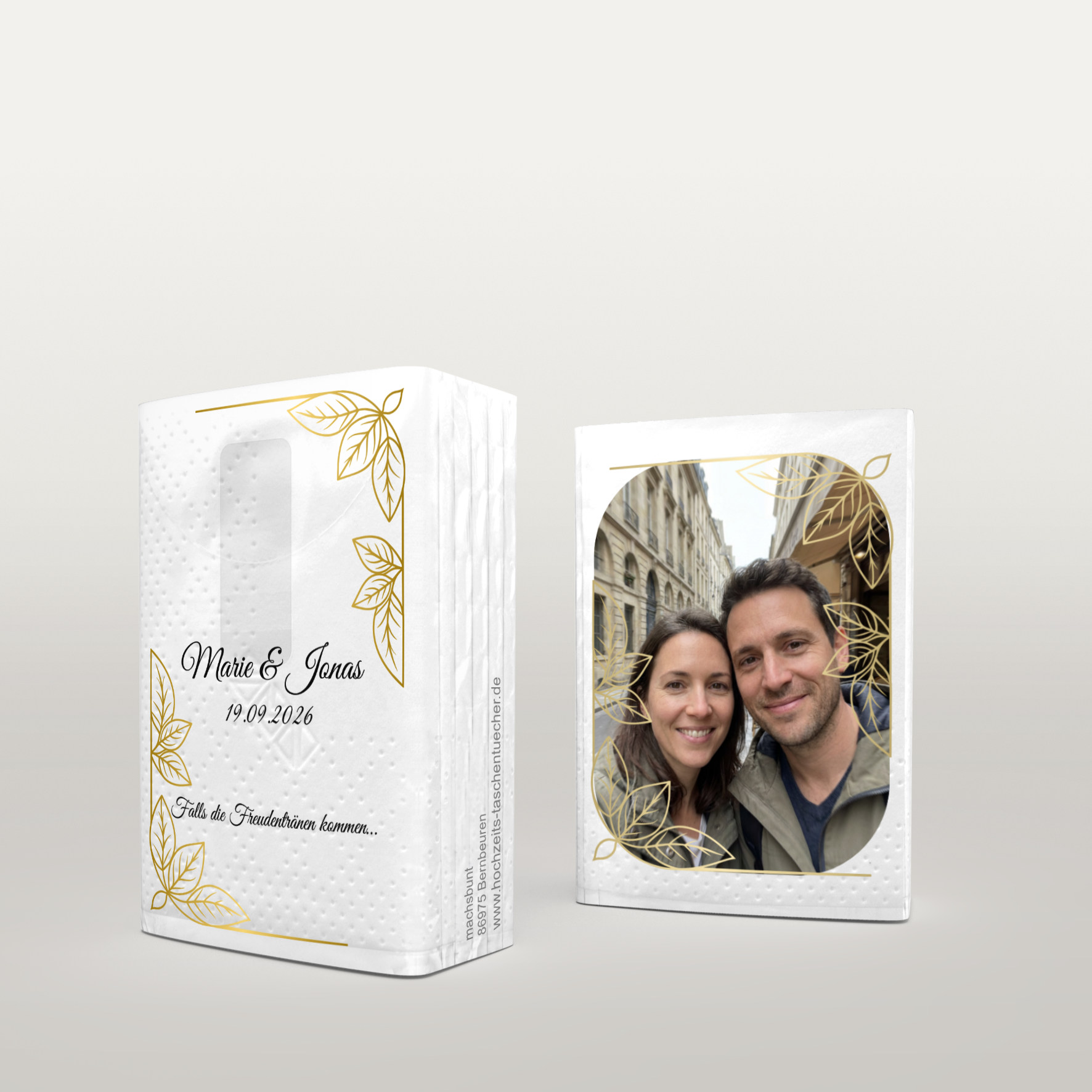 Taschentücher für Freudentränen auf Hochzeiten personalisieren mit goldenem Blättermotiv