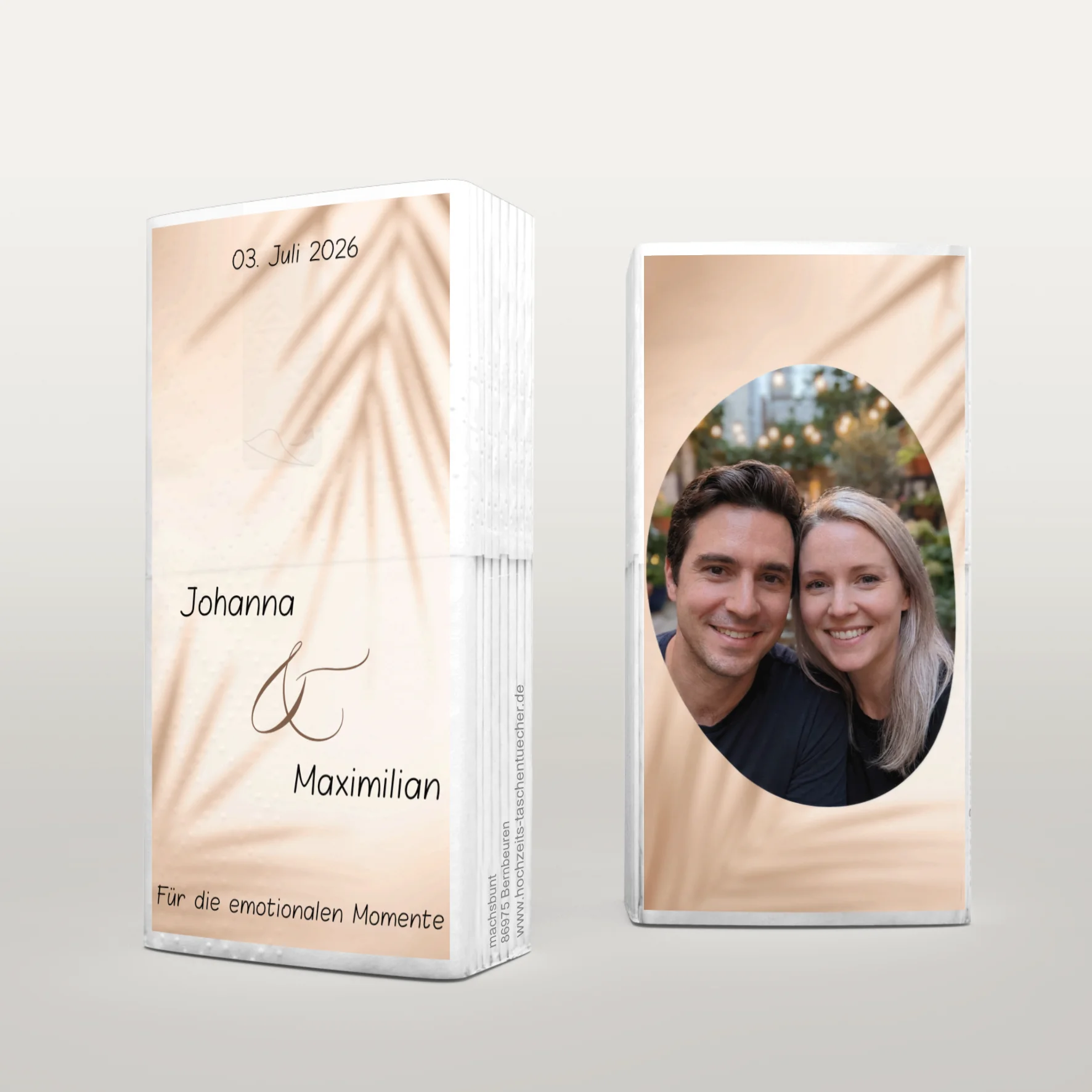 Hochzeitstaschentücher mit Palmblatt Design und persönlichem Foto