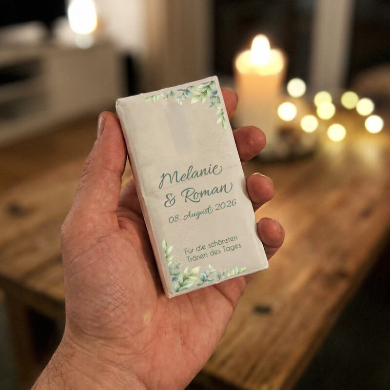 Personalisierte Hochzeitstaschentücher für Freudentränen als kostenloses Muster bestellen