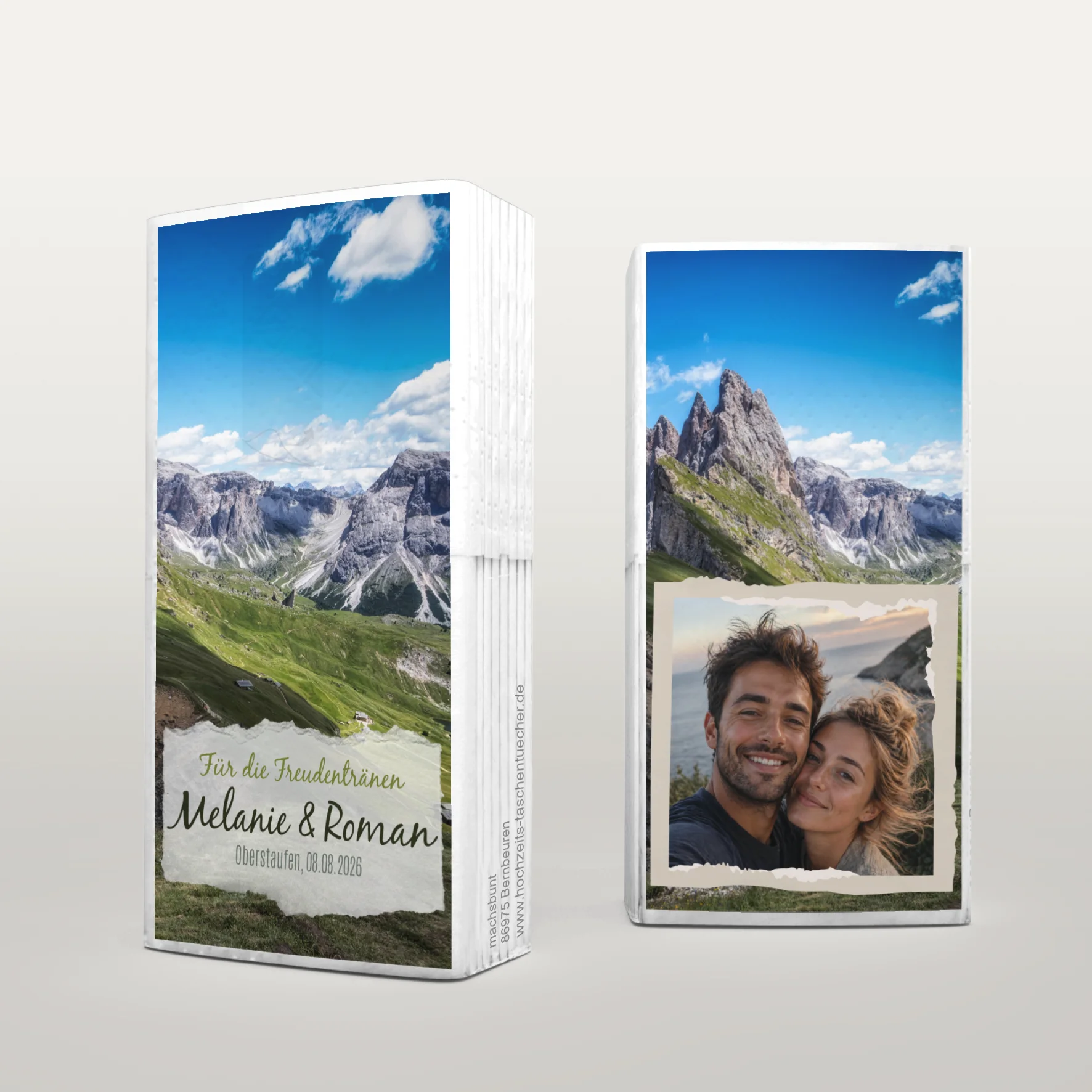Bedruckte Hochzeitstaschentücher mit Bergmotiv und persönlichem Foto