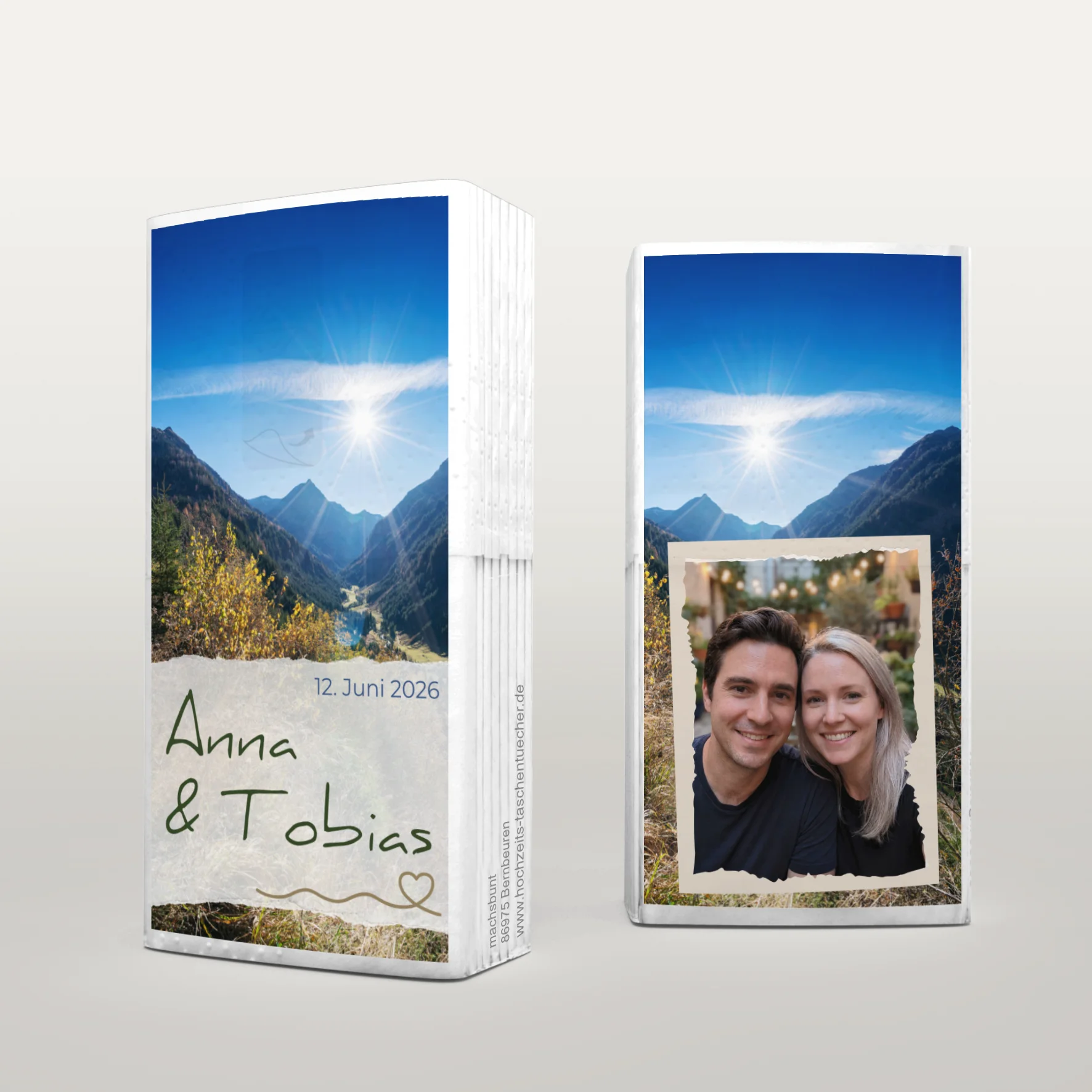 Hochzeitstaschentücher mit Berglandschaft und individuellem Hochzeitsdesign