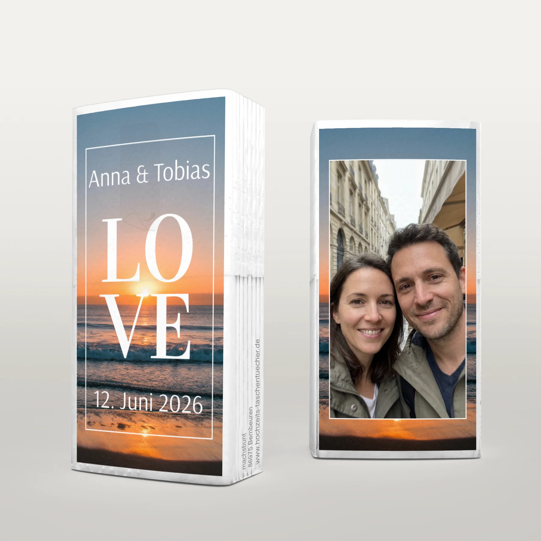 Hochzeitstaschentücher mit LOVE Schriftzug und Hochzeitsfoto