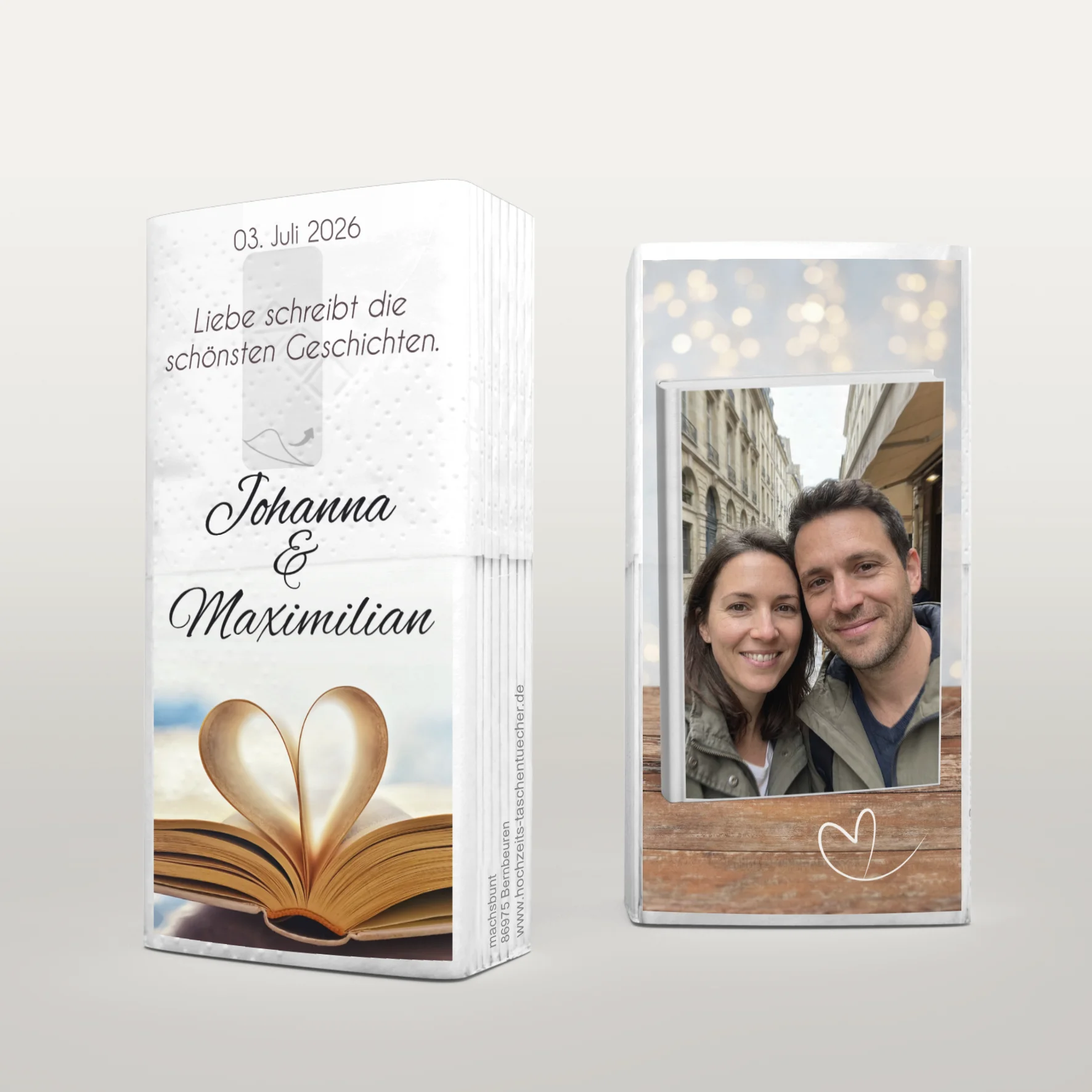Romantische Hochzeitstaschentücher im Book of Love Design