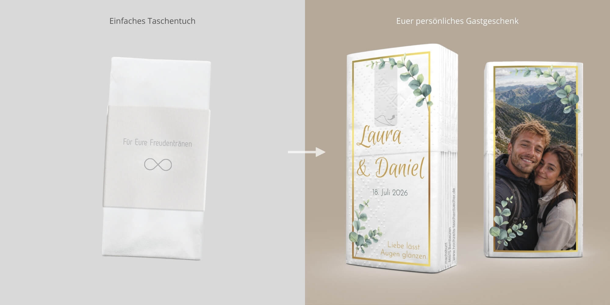 Taschentuchpäckchen für Freudentränen zur Hochzeit individuell bedrucken lassen