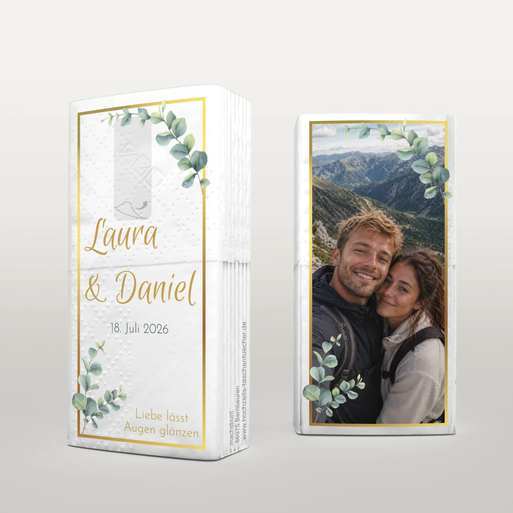 Hochzeitstaschentücher mit Goldrahmen und Eukalyptus Motiv