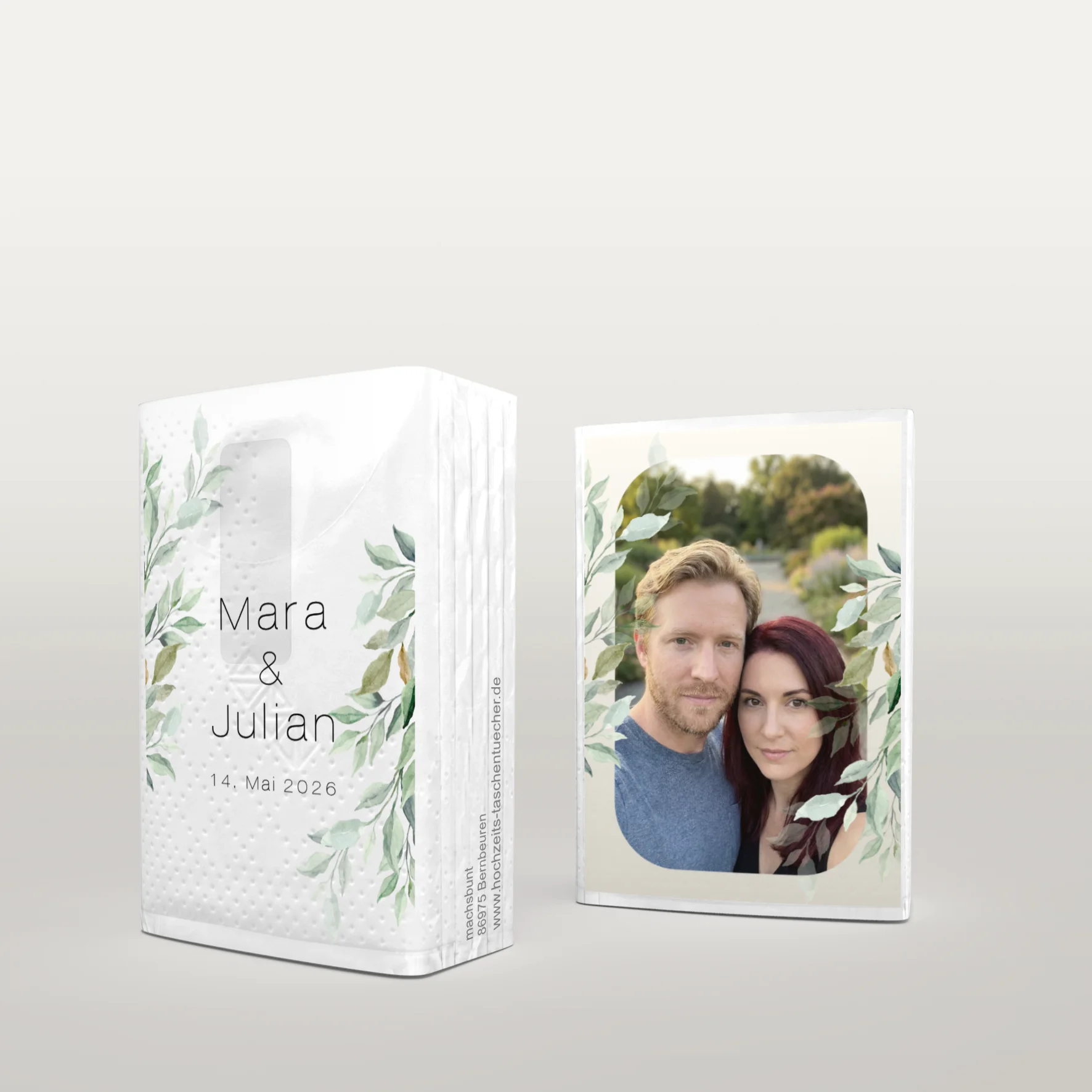 Personalisierte MINI Hochzeitstaschentücher mit Blätter Design und Foto