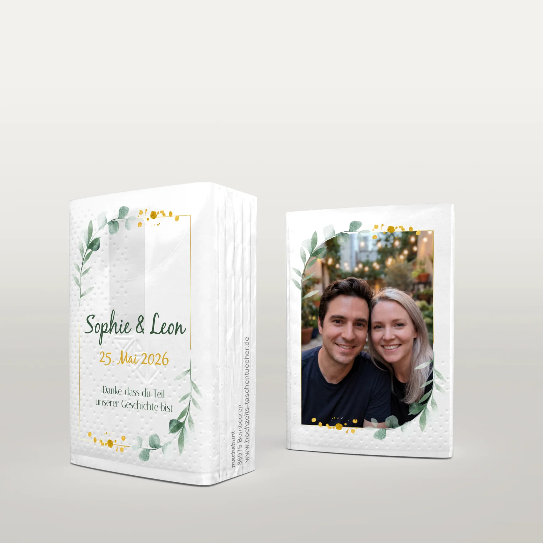 MINI Hochzeitstaschentücher mit Goldrahmen und Eukalyptus Motiv