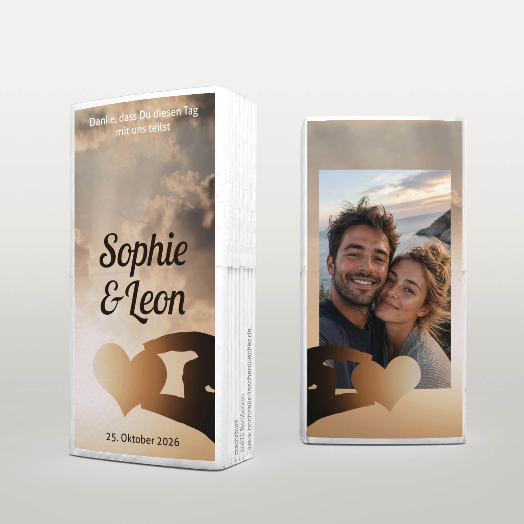 Hochzeitstaschentücher mit Herzmotiv im Himmel und Foto